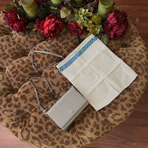 Tory Burch Taupe Robinson Crossbody Chain Wallet with silver chain strap